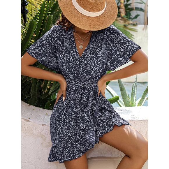 dot Print short Sleeve Ruffle belted Wrap Dress black tan boho - Picture 8 of 11